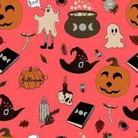 vetor sem costura padrão halloween eps. poção de doodle e símbolos wiccan, abóbora e caveira, cogumelos e folhas de outono