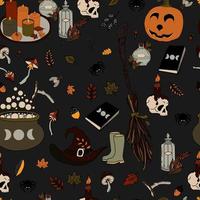 vetor sem costura padrão halloween eps. poção de doodle e símbolos wiccan, abóbora e caveira, cogumelos e folhas de outono