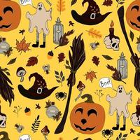 vetor sem costura padrão halloween eps. poção de doodle e símbolos wiccan, abóbora e caveira, cogumelos e folhas de outono