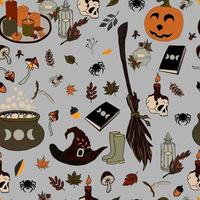 vetor sem costura padrão halloween eps. poção de doodle e símbolos wiccan, abóbora e caveira, cogumelos e folhas de outono