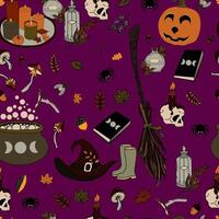 vetor sem costura padrão halloween eps. poção de doodle e símbolos wiccan, abóbora e caveira, cogumelos e folhas de outono