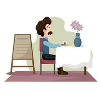 feliz hipster desenho animado em uma jantar mesa vetor ilustração