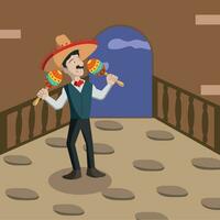 mexicano mariachi personagem jogando maracás cinco de maionese vetor ilustração