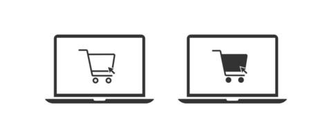 conectados compras em computador portátil ícone. Comprar e computador portátil ilustração símbolo. placa compra vetor