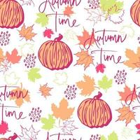 folhas de outono de padrão sem emenda de vetor e abóbora com letras de fundo de tempo de outono. outono clip-art pintado à mão, isolado. abóbora de halloween. para convites, cartões comemorativos, impressão, banners