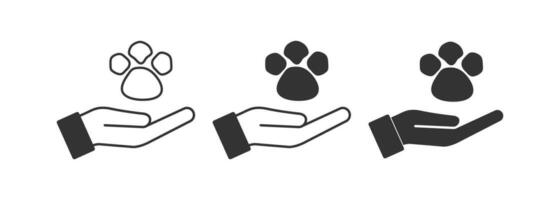 animal pata e aberto humano Palma ícone. veterinário logotipo símbolo. placa cachorro pegada e pessoas mão vetor. vetor