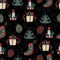 velas de natal, bolas de natal em forma de árvores, meias de natal, caixas de presentes e cones no fundo de um padrão sem emenda de vetor de árvore de natal. fundo de inverno para embalagem