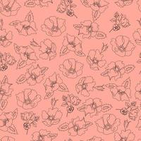 Vector seamless pattern contorno floral com folhas abertas e botões em um fundo contrastante. ilustração botânica para tecidos, têxteis, papéis de parede, papéis, planos de fundo.