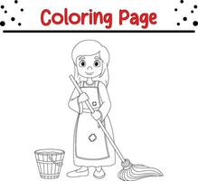 menina com balde esfregão coloração página vetor