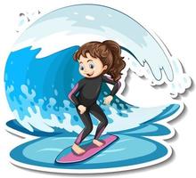 adesivo de uma garota em pé na prancha de surf com ondas vetor