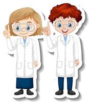 Adesivo de personagem de desenho animado com casal de cientistas em vestido de ciências vetor