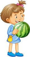personagem de desenho animado de garota feliz segurando uma melancia vetor