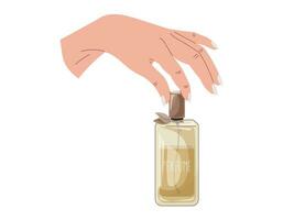 elegante fêmea mãos com manicure segurando uma vidro amarelo garrafa do perfume. vetor isolado moda ilustração, perfumado eau de parfum.