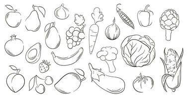 legumes e frutas dentro linha arte estilo. grande conjunto do mão desenhado vegetais, frutas e bagas. vetor ilustração isolado em uma branco fundo.