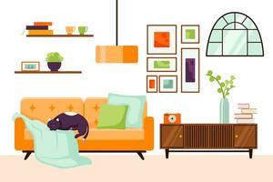 quarto interior com gato plano estilo. vivo quarto interior com sofá, plantas de interior crescendo dentro potes, casa decorações. confortável apartamento decorado dentro retro estilo. plano vetor ilustração.