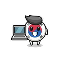 ilustração do mascote da bandeira da Coreia do Sul com um laptop vetor