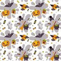 Halloween fofo padrão sem emenda com uma abóbora, vassoura, fantasma, lua, morcego, pote com poção e aranha. crianças desenham para roupas, papel de embrulho, têxteis, tecidos, papel de parede. ilustração vetorial vetor