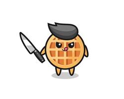mascote de waffle de círculo fofo como um psicopata segurando uma faca vetor