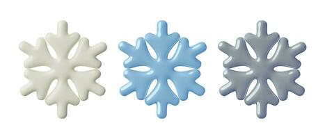 flocos de neve 3d ícones definir. branco, azul e cinzento inverno Projeto elementos. ou geada sinais lustroso plástico três dimensional feriado decorações vetor