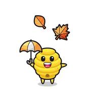 desenho da colmeia de abelhas fofa segurando um guarda-chuva no outono vetor