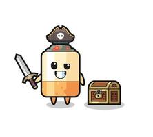 o personagem pirata de cigarros segurando uma espada ao lado de uma caixa de tesouro vetor