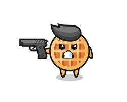 o personagem de waffle de círculo fofo atirar com uma arma vetor