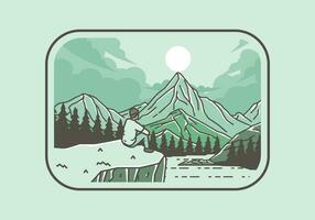 ao ar livre ilustração do uma homem senta em uma penhasco com Visualizações do lagos, florestas e montanhas vetor