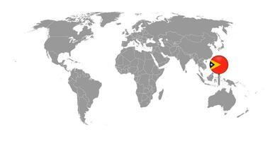 pin mapa com bandeira de timor leste no mapa do mundo. ilustração vetorial. vetor