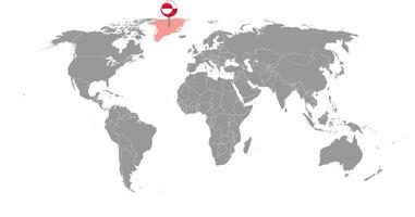 pin mapa com bandeira da Groenlândia no mapa do mundo. ilustração vetorial. vetor