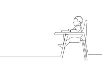 contínuo 1 linha, a bebê senta em uma Alto cadeira para crianças. lado visualizar. esboço bandeira. vetor contorno linear ilustração