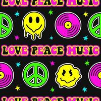 retro Projeto do paz, amor e música com Paz símbolo, vinil disco e sorridente face. desatado padronizar vetor