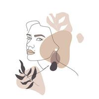 1 linha abstrato mulher retrato com plantas dentro minimalista estilo. mão desenhando fêmea face esboço vetor ilustração.abstrato figuras e plantar elementos pastel cores.moda imprimir, cartaz, imprimir