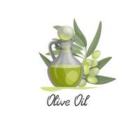 vetor ilustração do adesivo, rótulo ou emblema com uma jarro do Oliva óleo e Oliva galhos e frutas. embalagem ou publicidade Projeto para Oliva o negócio e óleo