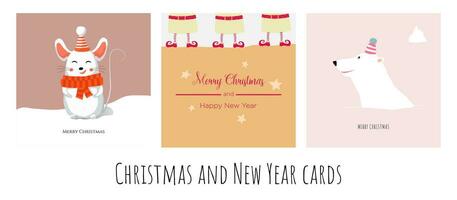conjunto vetor ilustração com fofa Natal elfos, polar Urso e branco rato. modelo para alegre Natal e Novo ano cartões, saudações, faixas ou cartazes.