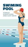 esporte mulher em pé dentro a piscina. publicidade do hobbies e profissional Esportes. vetor plano ilustração