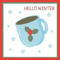 Novo anos cartão com uma copo do cacau dentro flocos de neve com visco, Olá inverno vetor