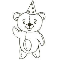 Preto e branco vetor ilustração dentro rabisco estilo. fofa pequeno Urso a comemorar dele aniversário. Urso pulando dentro confete com uma peça do bolo. crianças ilustração para aniversário celebração