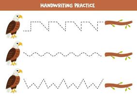 rastreamento linhas para crianças. fofa desenho animado Careca Águia e árvore ramo. caligrafia prática. vetor
