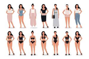 mulheres vestidas e com conjunto de lingerie. conjuntos de roupas da moda. aparências elegantes diferentes. ilustração em vetor estilo simples.