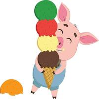uma fofa pequeno desenho animado porco desfrutando uma multicamadas colorida cone gelo creme vetor ou cor ilustração