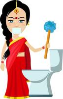 mulher indiana limpando banheiro, ilustração, vetor em fundo branco.