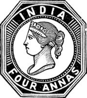 Índia dentro quatro anás carimbo a partir de 1854, vintage ilustração. vetor