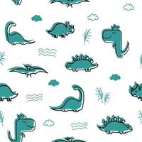 costura padrão com dinossauros dos desenhos animados. dinossauros verdes com linhas pretas em um fundo branco vetor