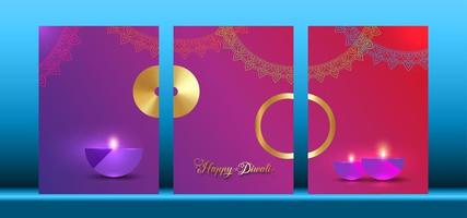 feliz diwali festival de luzes celebração da Índia definir modelo colorido. design de banner vertical de lâmpadas de óleo diya indianas, design moderno em cores vibrantes. estilo de arte indiana vetorial, fundo gradiente vetor
