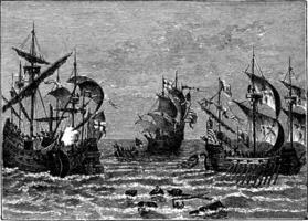 Inglês e espanhol navios de guerra 1588, vintage ilustração. vetor