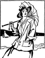 mulher segurando guarda-chuva com capa de chuva, vintage ilustração vetor