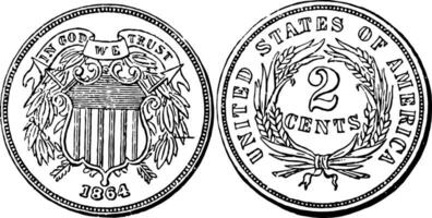 latão dois centavo moeda, 1864 vintage ilustração. vetor