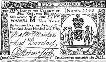 Novo Iorque colonial papel dinheiro vintage ilustração. vetor