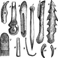 osso implementos, pedra e madeira, encontrado dentro moosseedorf vintage gravação vetor