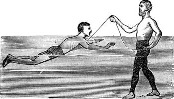 Aprendendo para nadar com a ajuda do uma corda, vintage gravado ilustração vetor